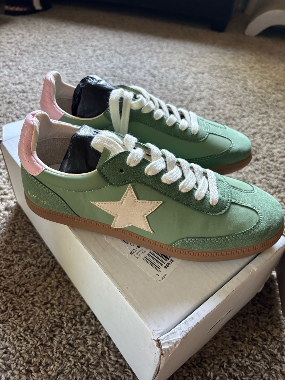 Green and pink faux leather sneakers